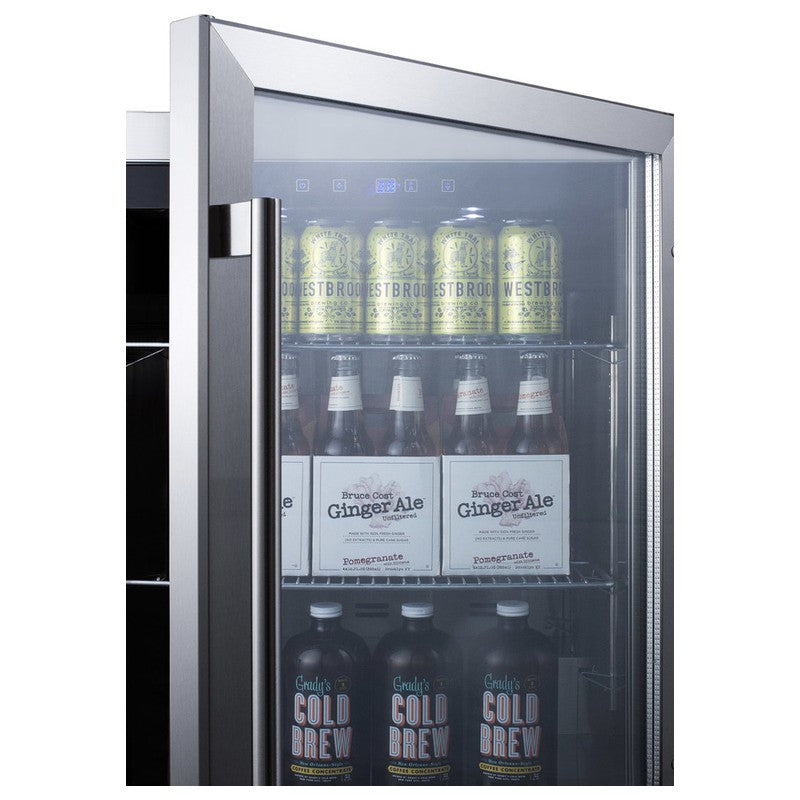 Summit SCR611GLOS 24-inch outdoor commercial glass-door beverage center, closeup of stocked cans and bottles through glass door