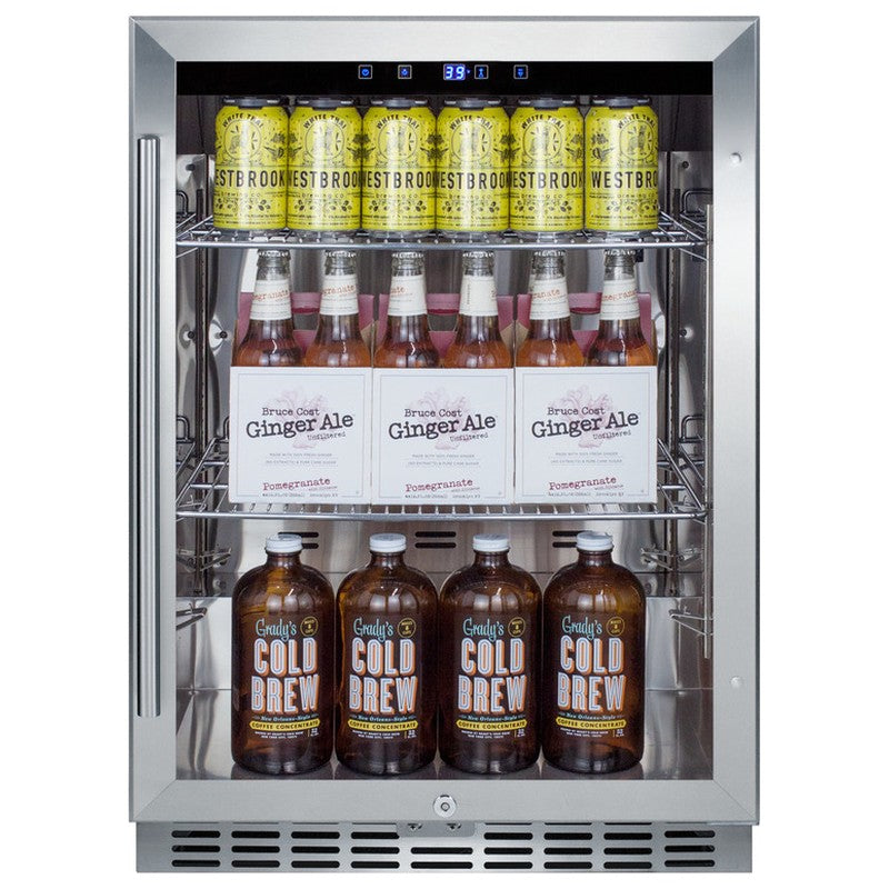 Summit SCR611GLOS 24-inch outdoor commercial glass-door beverage center, glass door showing stocked beverages