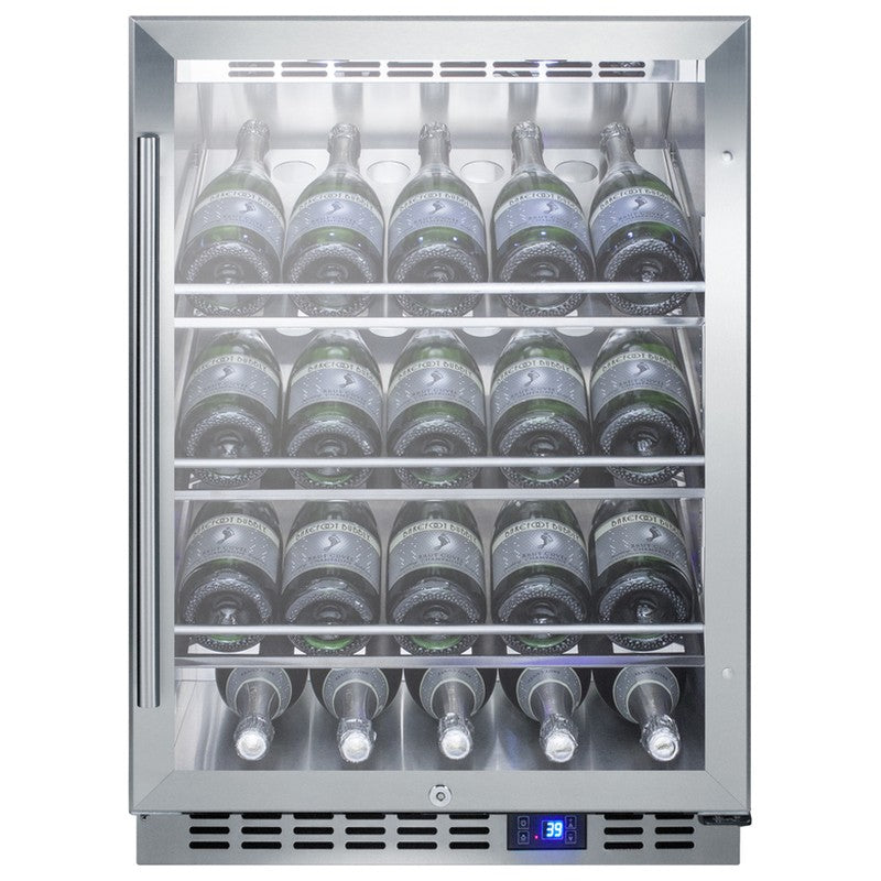 Summit SCR611GLOSCH 24-inch outdoor commercial glass-door sparkling wine cellar, glass door showing stocked wine bottles