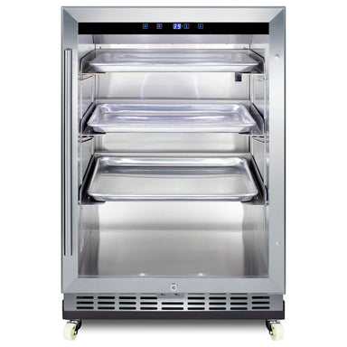 Summit SCR611GLOSRI 24-inch outdoor commercial reach-in glass-door beverage center, glass door on dolly, front view
