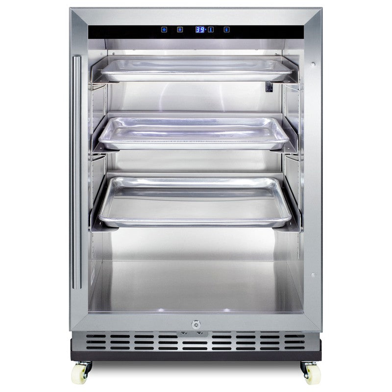 Summit SCR611GLOSRI 24-inch outdoor commercial reach-in glass-door beverage center, glass door on dolly, front view