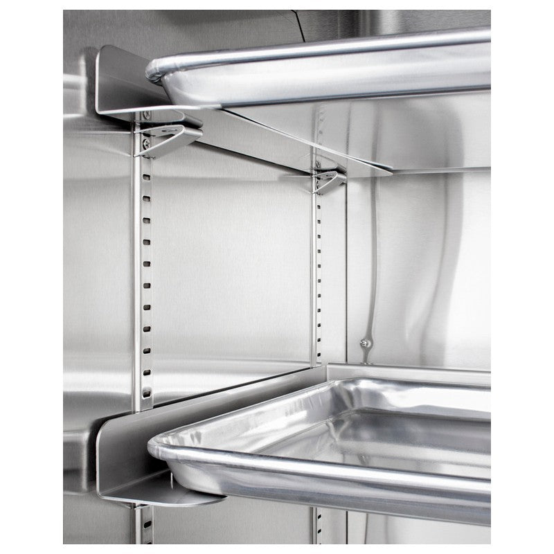 Summit SCR611GLOSRI 24-inch outdoor commercial reach-in glass-door beverage center, adjustable shelf clip and stainless interior closeup