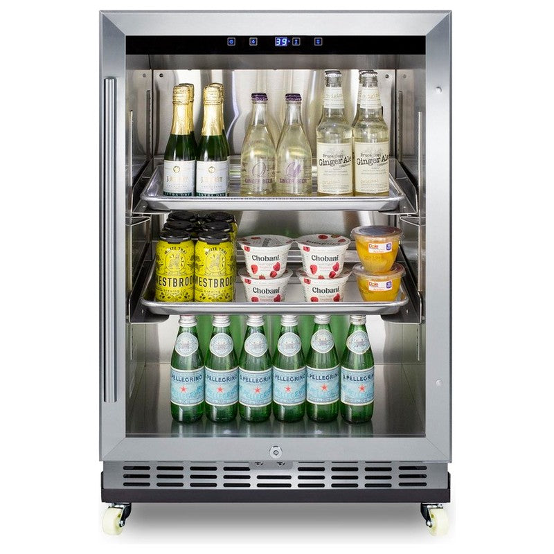 Summit SCR611GLOSRI 24-inch outdoor commercial reach-in glass-door beverage center, stocked beverages, angled view