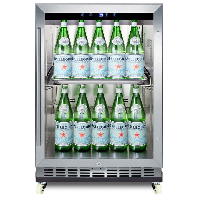 Summit SCR611GLOSRI 24-inch outdoor commercial reach-in glass-door beverage center, glass door showing stocked beverages