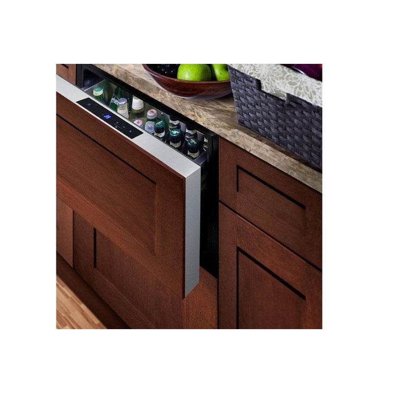 Summit SDR241OS installed with a custom wood panel matching the surrounding cabinetry