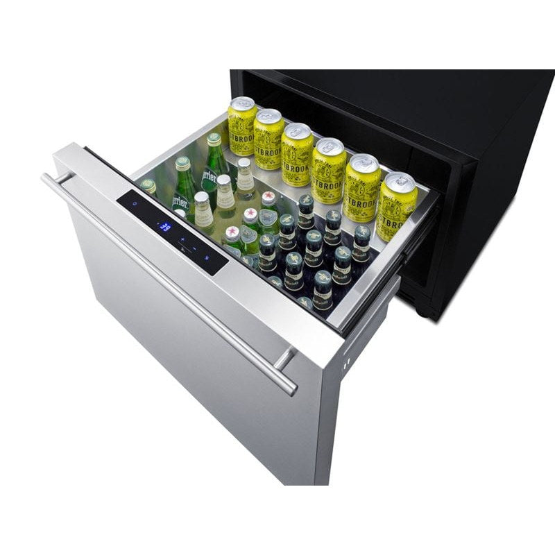Summit SDR241OS drawer open loaded with bottles and cans