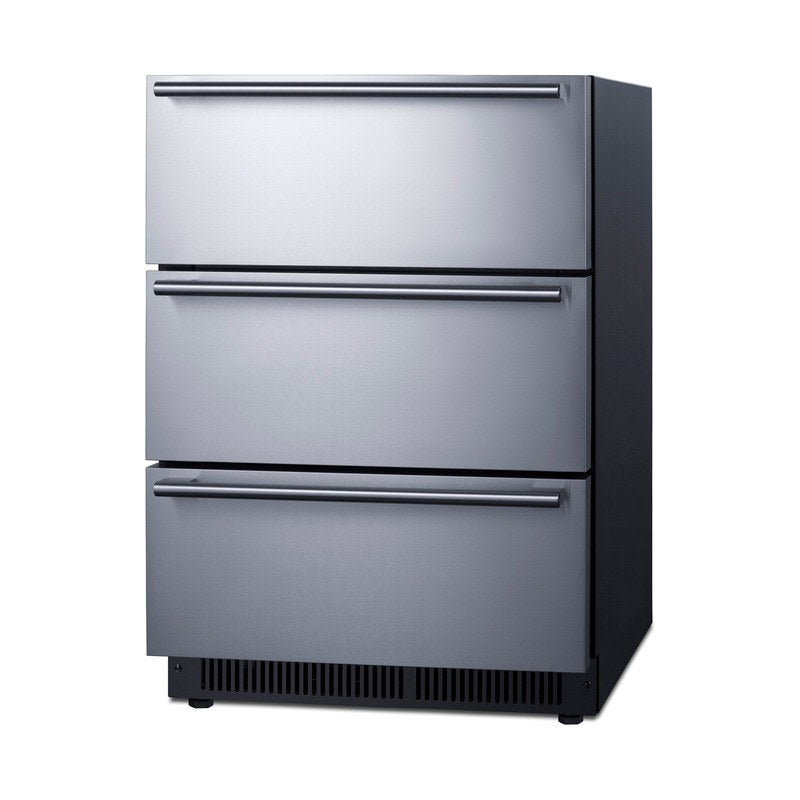 Angled view of the Summit SP6DS3DOS 24-inch 3-drawer outdoor refrigerator