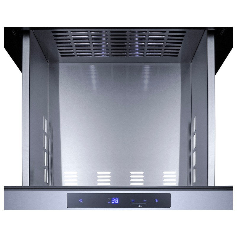 Open top drawer of the Summit SP6DS3DOS showing the stainless interior and digital display