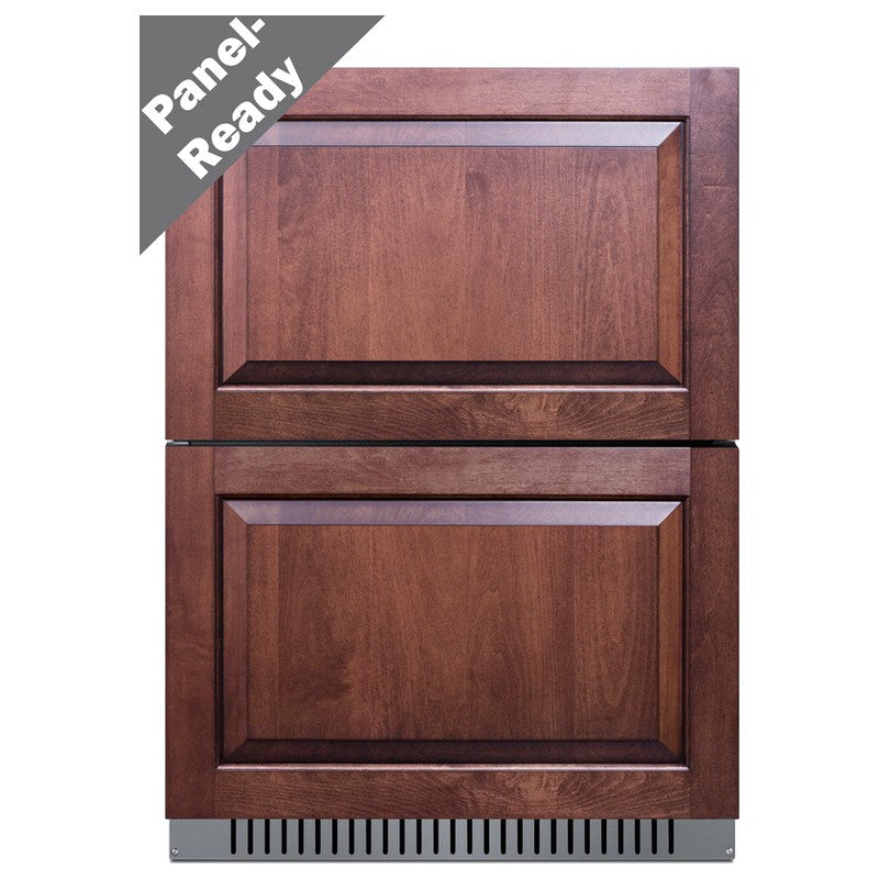 Summit SPFF51OS2D 24-inch outdoor stainless 2 drawer all freezer, shown with optional custom overlay panels, front view