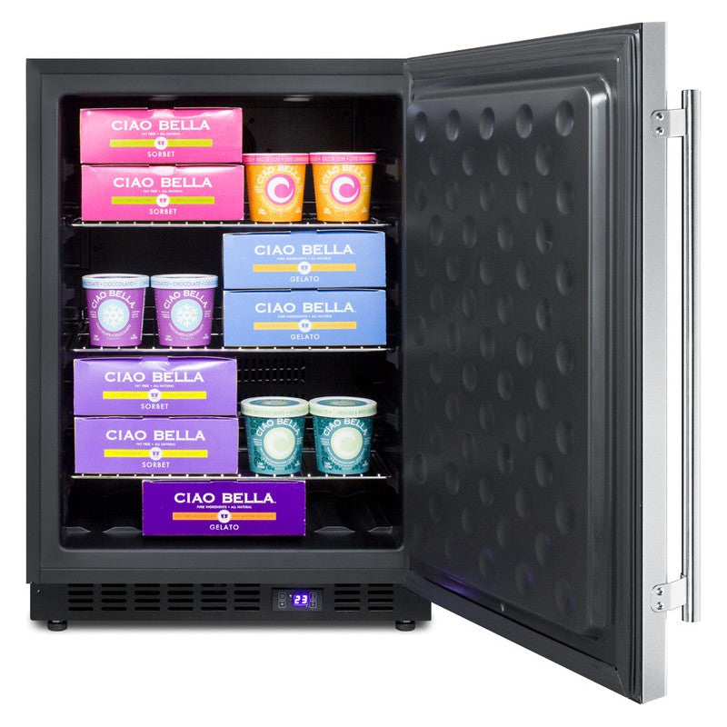 Summit SPFF51OSCSS 24-inch outdoor all stainless all freezer, door open, stocked with frozen food