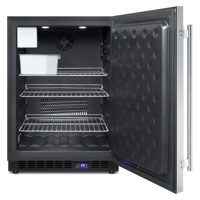 Summit SPFF51OSCSSIM 24-inch outdoor all stainless all freezer icemaker, door open showing icemaker and interior