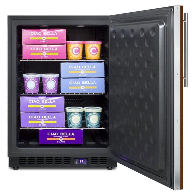 Summit SPFF51OSIF 24-inch outdoor panel ready all freezer, door open, stocked with frozen food