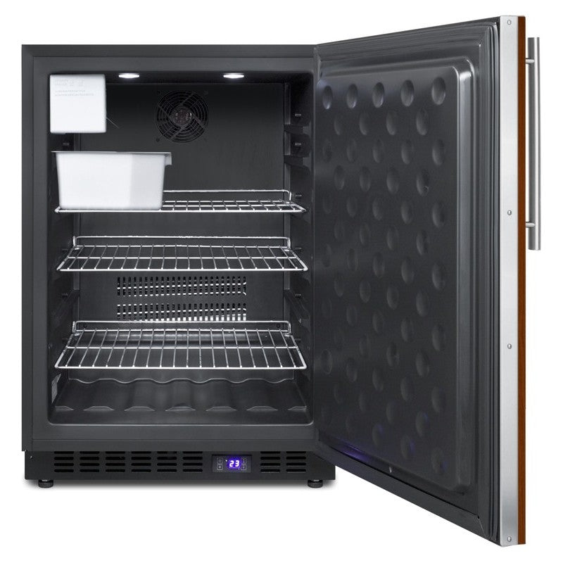 Summit SPFF51OSIFIM 24-inch outdoor panel ready all freezer icemaker, door open showing icemaker and interior