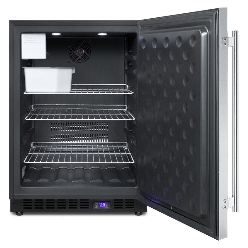 Summit SPFF51OSIM 24-inch outdoor all freezer icemaker, door open showing icemaker and interior