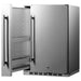 Summit SPR196OS24 24-inch shallow-depth outdoor all-refrigerator with slide-out storage, door open, empty interior, angled view