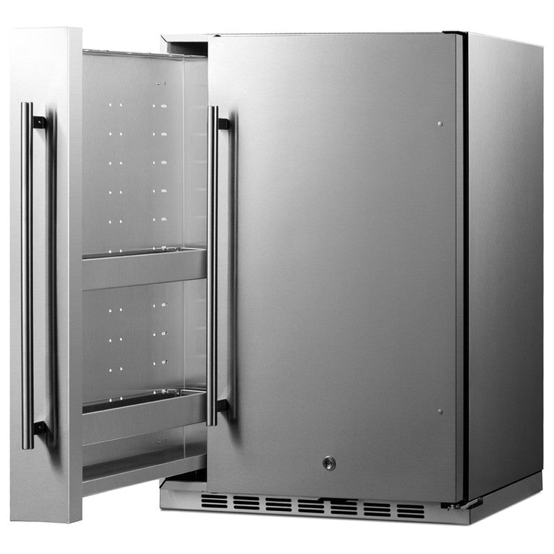 Summit SPR196OS24 24-inch shallow-depth outdoor all-refrigerator with slide-out storage, door open, empty interior, angled view