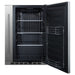 Summit SPR196OS24 24-inch shallow-depth outdoor all-refrigerator with slide-out storage, door open showing interior and slide-out compartment