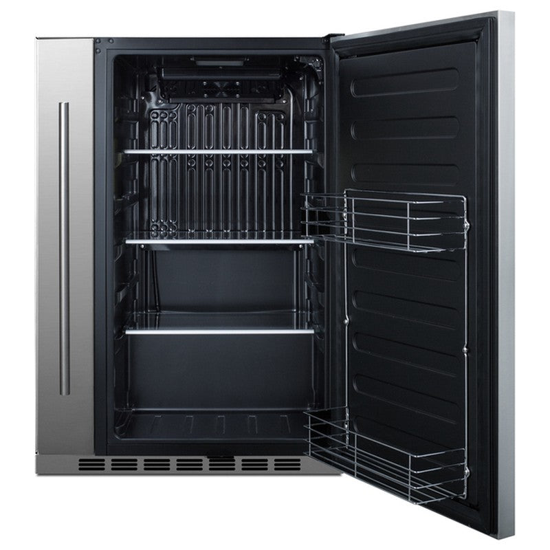 Summit SPR196OS24 24-inch shallow-depth outdoor all-refrigerator with slide-out storage, door open showing interior and slide-out compartment