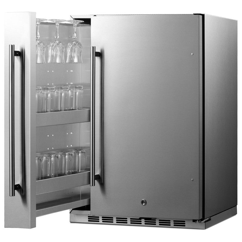 Summit SPR196OS24 24-inch shallow-depth outdoor all-refrigerator with slide-out storage, door open, stocked, angled view