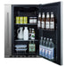 Summit SPR196OS24 24-inch shallow-depth outdoor all-refrigerator with slide-out storage, door open, stocked with beverages