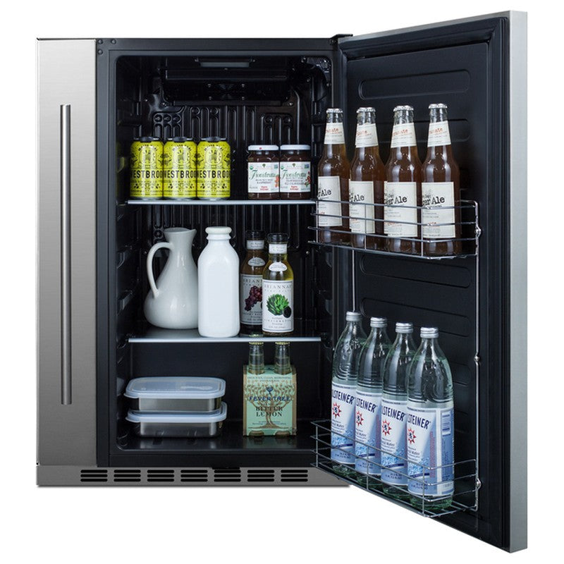 Summit SPR196OS24 24-inch shallow-depth outdoor all-refrigerator with slide-out storage, door open, stocked with beverages