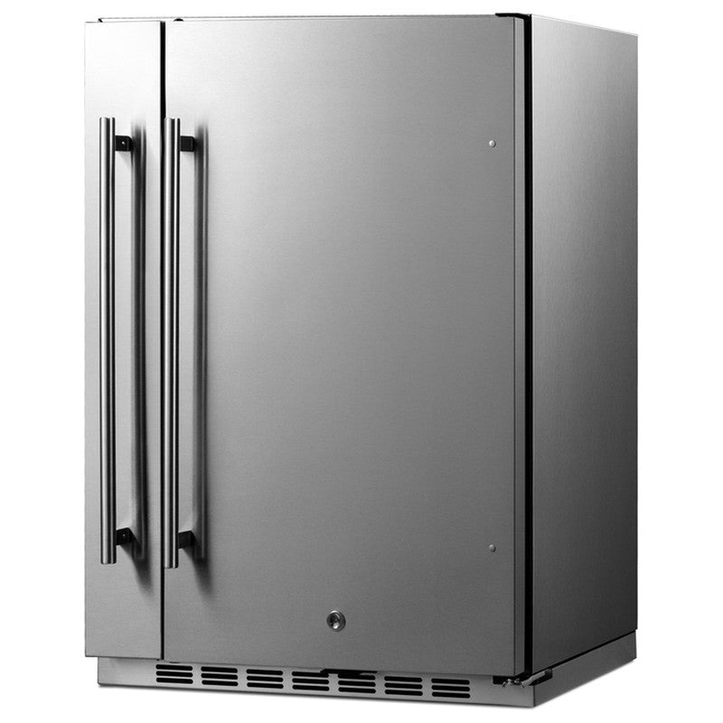 Summit SPR196OS24 24-inch shallow-depth outdoor all-refrigerator with slide-out storage, angled view
