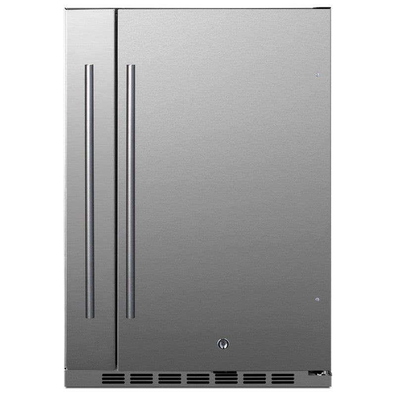 Summit SPR196OS24 24-inch shallow-depth outdoor all-refrigerator with slide-out storage, stainless steel door, front view