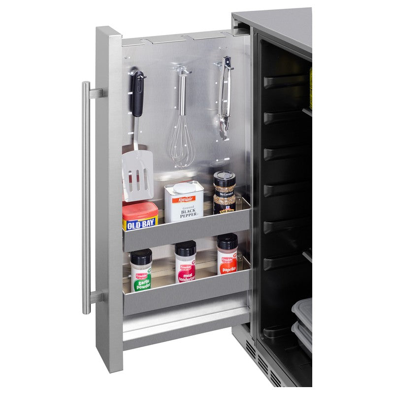 Summit SPR196OS24 24-inch shallow-depth outdoor all-refrigerator with slide-out storage, slide-out compartment with bar tools and condiments closeup