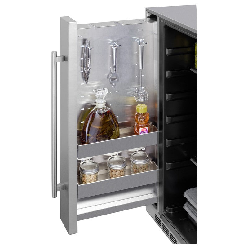 Summit SPR196OS24 24-inch shallow-depth outdoor all-refrigerator with slide-out storage, slide-out compartment with bottles closeup
