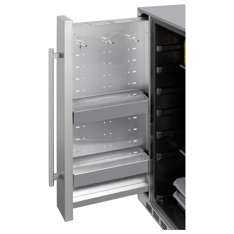Summit SPR196OS24 24-inch shallow-depth outdoor all-refrigerator with slide-out storage, slide-out storage compartment, empty closeup
