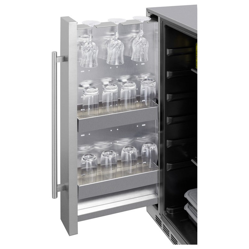 Summit SPR196OS24 24-inch shallow-depth outdoor all-refrigerator with slide-out storage, slide-out compartment stocked with glassware closeup