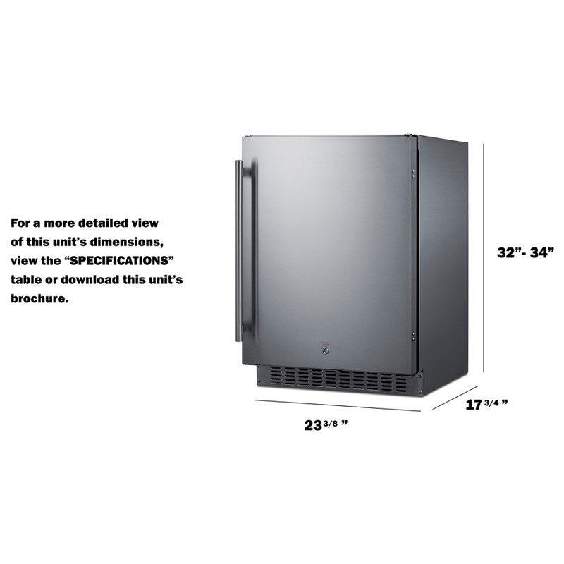 Summit SPR618OSADA 24-inch shallow-depth outdoor ADA all-refrigerator, dimension drawing with width, adjustable height and depth
