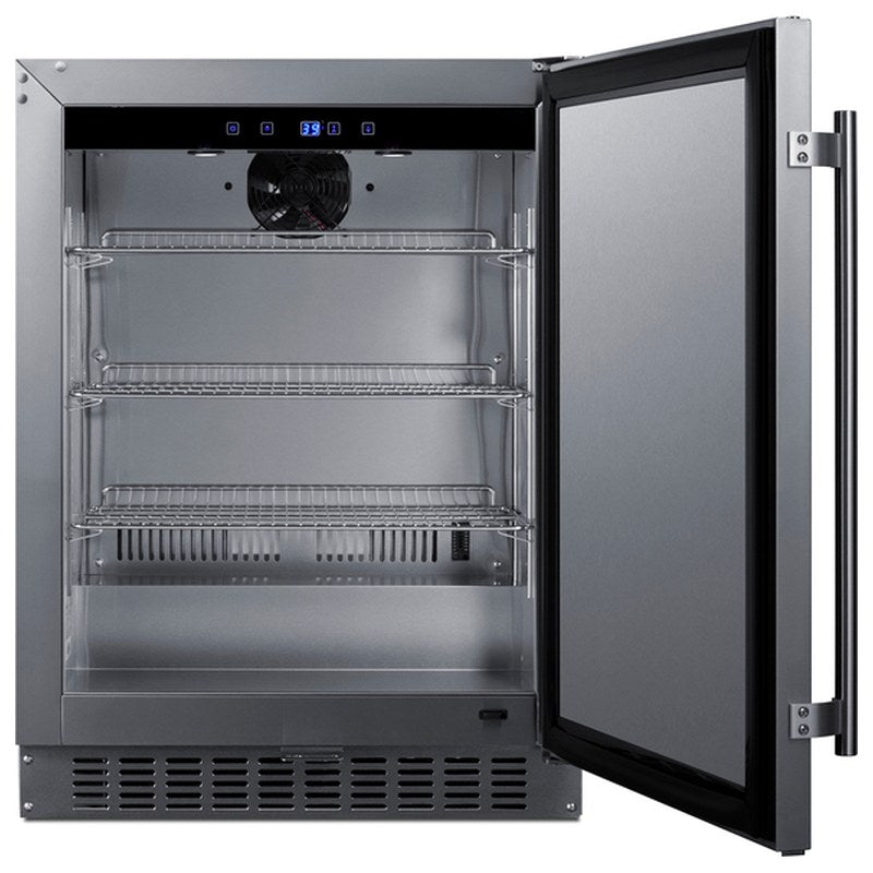 Summit SPR618OSADA 24-inch shallow-depth outdoor ADA all-refrigerator, door open showing empty interior