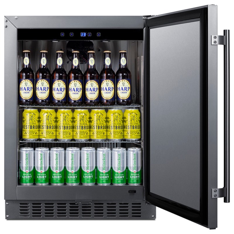 Summit SPR618OSADA 24-inch shallow-depth outdoor ADA all-refrigerator, door open, stocked, angled view