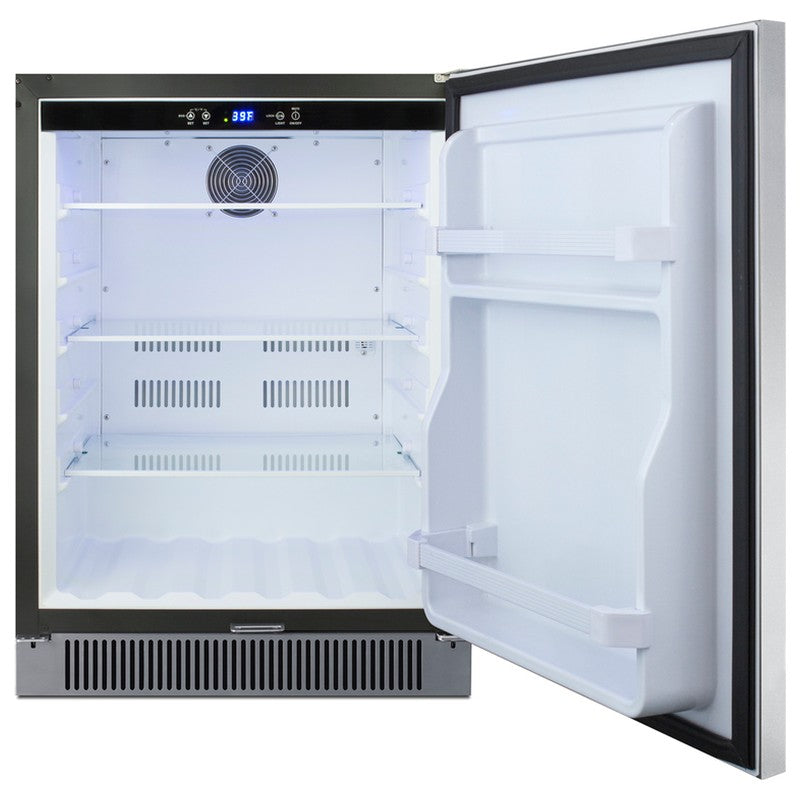 Summit SPR623OS 24-inch outdoor all-refrigerator, door open showing empty white interior and door shelves