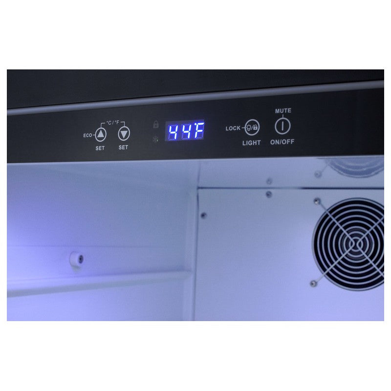 Summit SPR623OSCSS 24-inch all-stainless outdoor all-refrigerator, interior digital control panel and LED light closeup