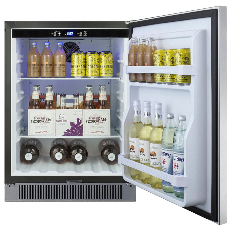 Summit SPR623OSCSS 24-inch all-stainless outdoor all-refrigerator, door open, stocked, angled view