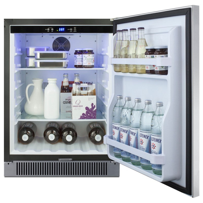 Summit SPR623OSCSS 24-inch all-stainless outdoor all-refrigerator, door open, stocked with food and drinks