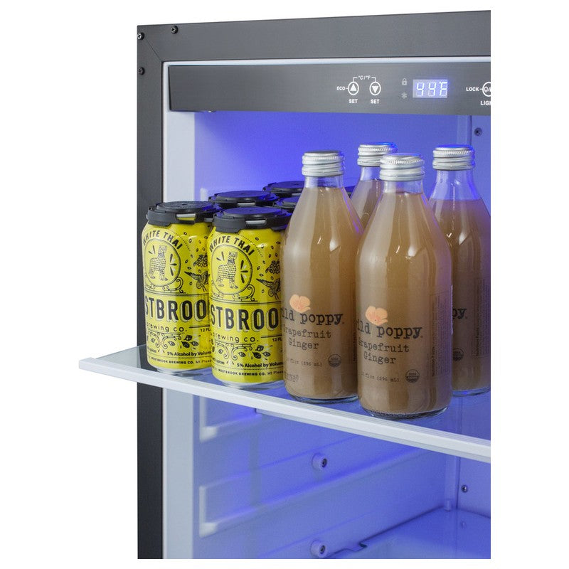 Summit SPR623OSCSS 24-inch all-stainless outdoor all-refrigerator, glass shelf with bottles and cans closeup