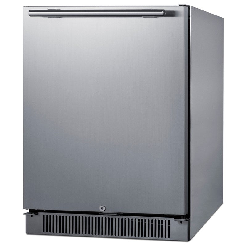 Summit SPR623OSCSS 24-inch all-stainless outdoor all-refrigerator, stainless steel cabinet, angled view