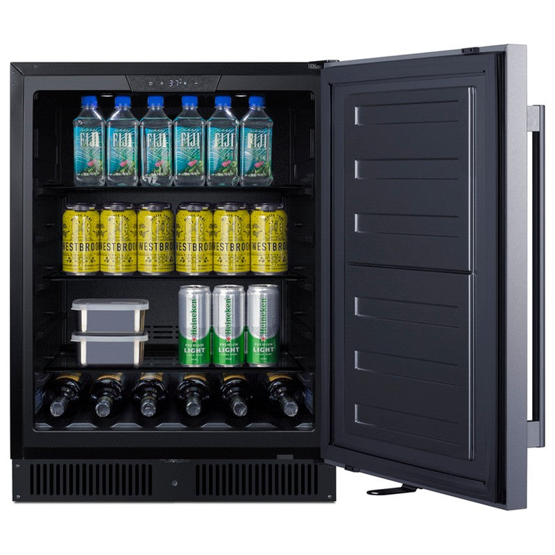 Summit SPR624OS 24-inch outdoor ADA all-refrigerator, door open, stocked with beverages