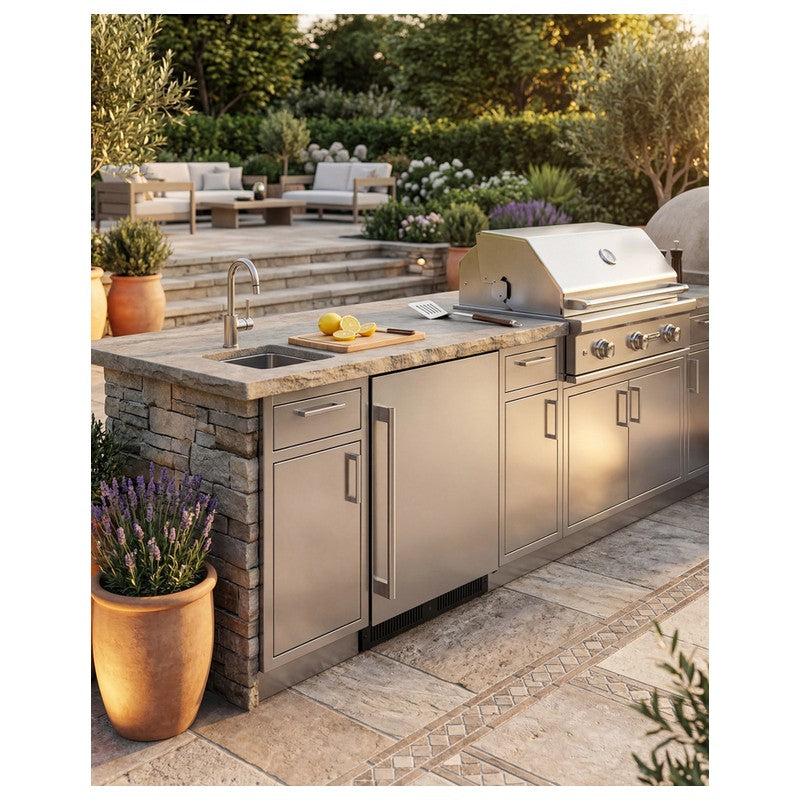 Summit SPR624OS 24-inch outdoor ADA all-refrigerator, installed in outdoor kitchen beside grill, lifestyle