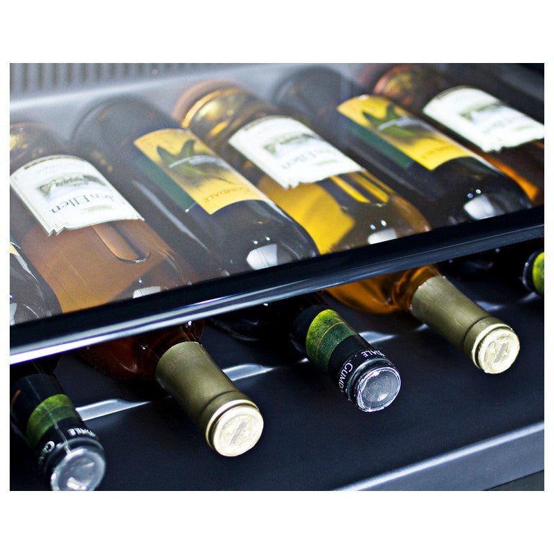 Summit SPR624OS 24-inch outdoor ADA all-refrigerator, wine bottles on shelf closeup