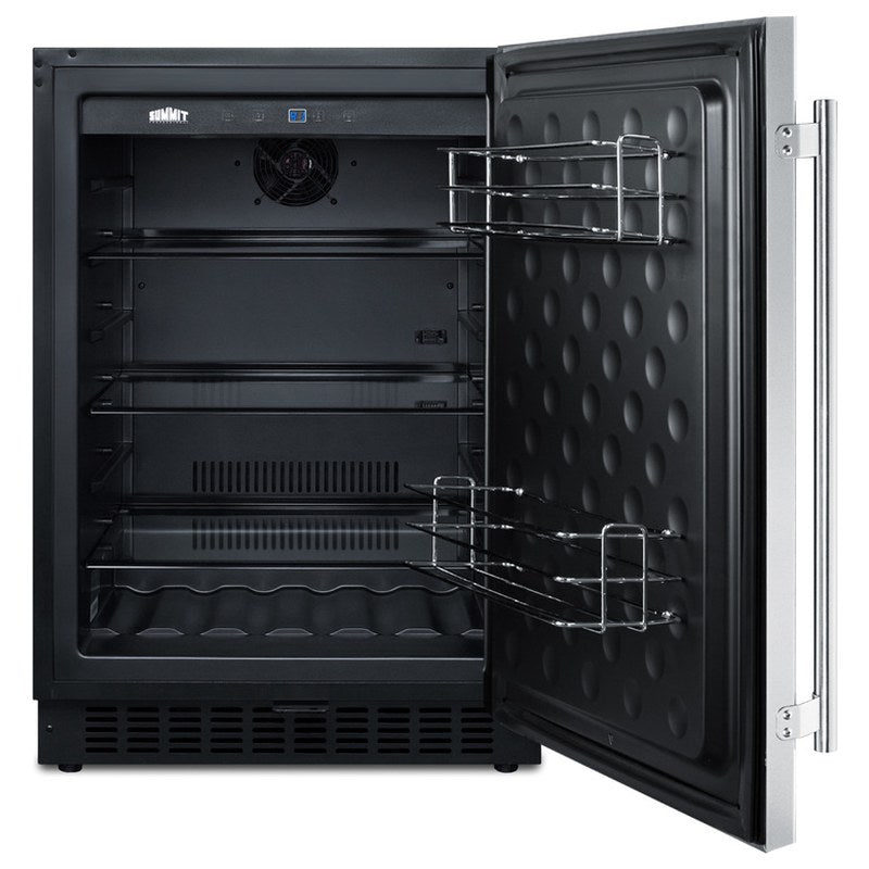 Summit SPR627OS 24-inch outdoor all-refrigerator, door open showing wire shelves and door racks