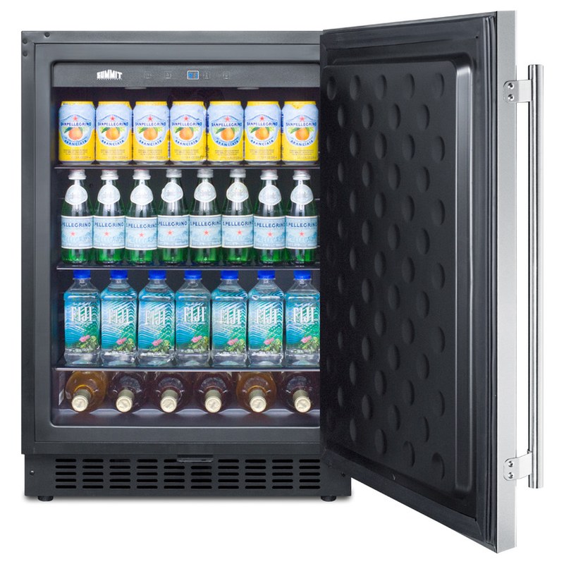 Summit SPR627OS 24-inch outdoor all-refrigerator, door open, stocked with beverages