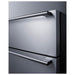 Closeup of the pro-style handles on the Summit SPR627OS2D stainless drawer fronts