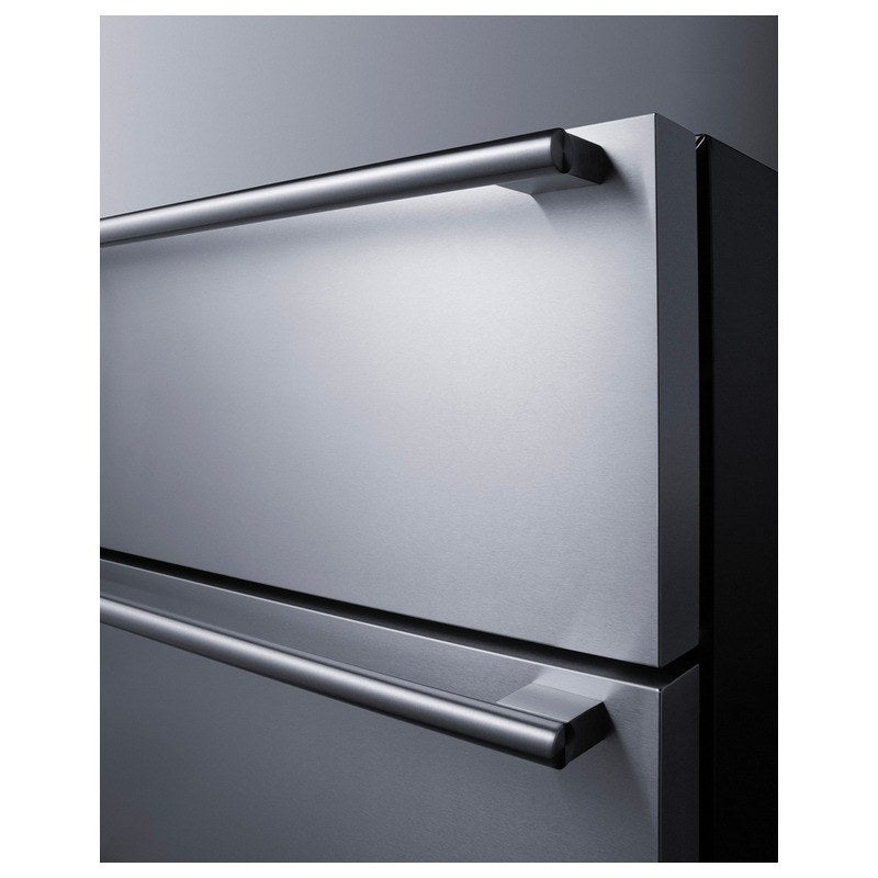Closeup of the pro-style handles on the Summit SPR627OS2D stainless drawer fronts