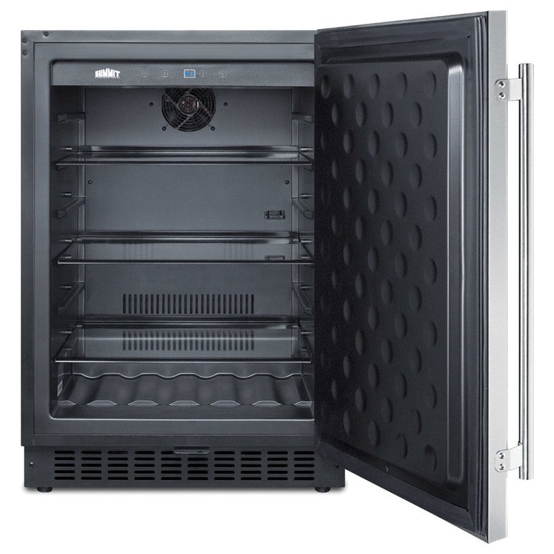 Summit SPR627OSCSS 24-inch outdoor all-stainless all-refrigerator, door open showing empty interior