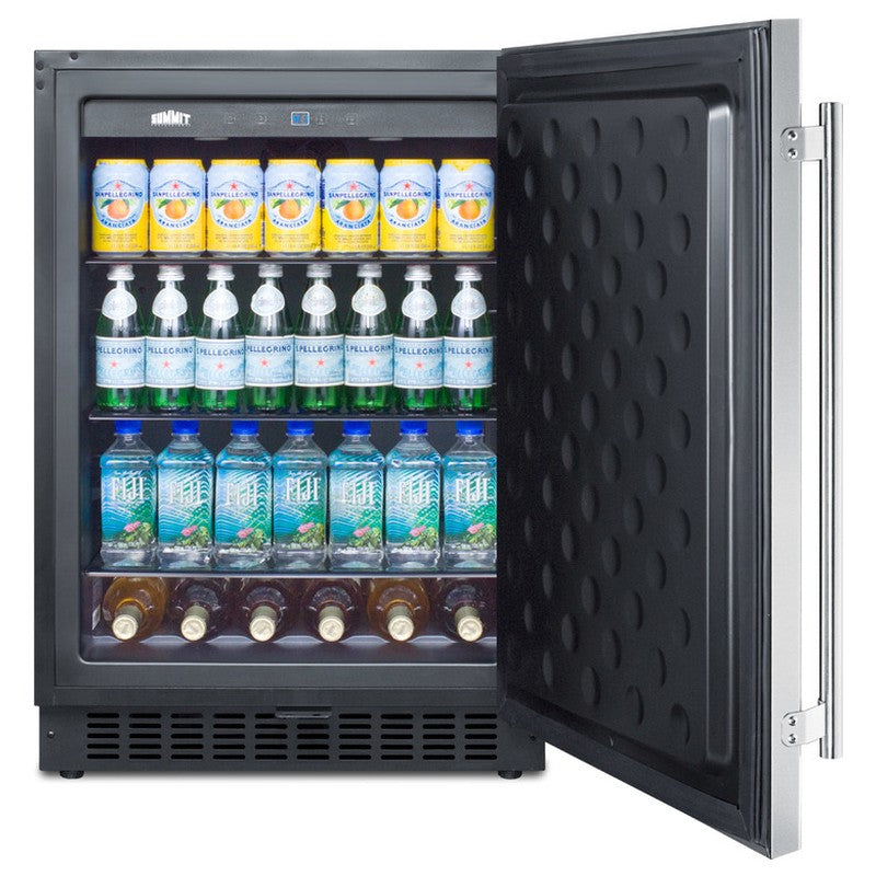 Summit SPR627OSCSS 24-inch outdoor all-stainless all-refrigerator, door open, stocked with food and drinks