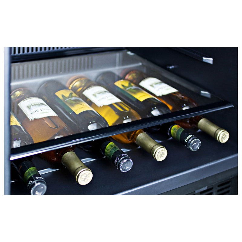 Summit SPR627OSCSS 24-inch outdoor all-stainless all-refrigerator, wine bottles on shelf closeup